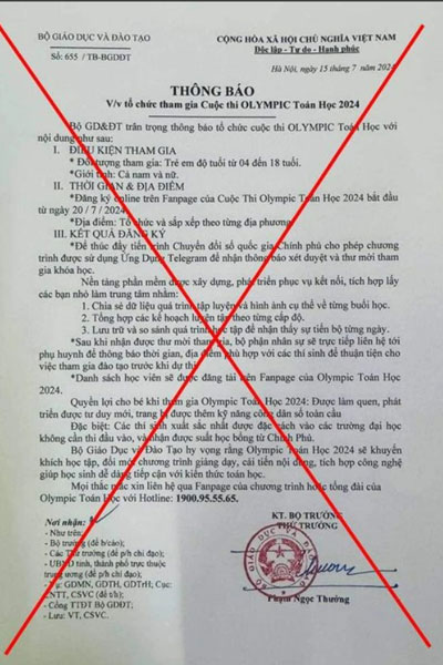 Bộ GD-ĐT cảnh báo văn bản giả mạo thông báo tham gia thi Olympic toán học
